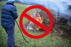 un homme brûle ses déchets verts à l'air libre, sigle interdiction - Agrandir l'image, fenêtre modale